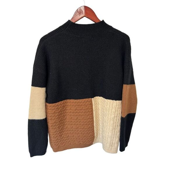Andree by Unit Color Block Knit Sweater Small Black Tan Cream Oversized Wide Tur - Picture 2 of 7